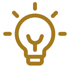 Icon of a yellow light bulb with rays symbolizing an idea or innovation.
