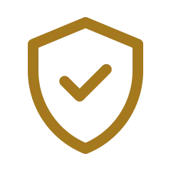 Gold shield outline with a gold checkmark centered inside on a transparent background.